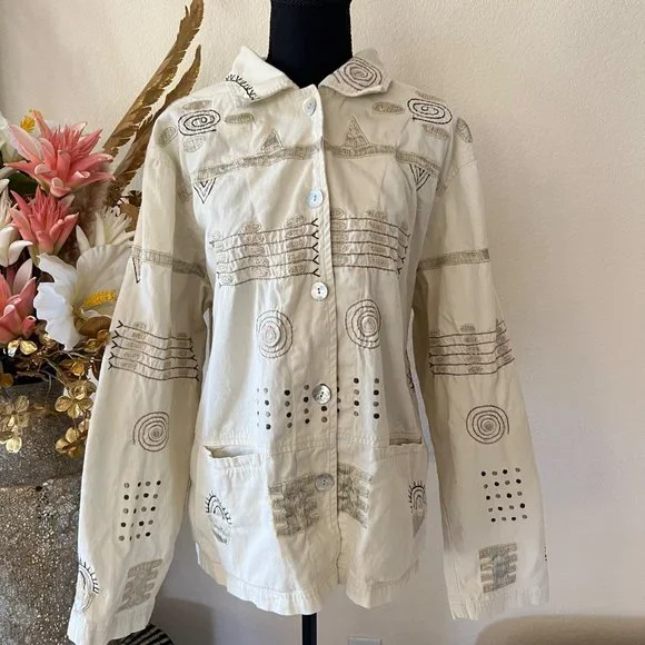 Vintage Brownstone Studio Unique Embroidered Boho Cottage Top w Oyster Buttons - Picture 2 of 13